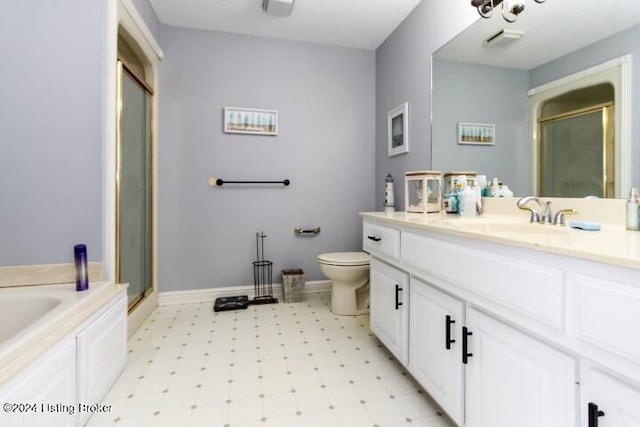 full bathroom featuring shower with separate bathtub, toilet, tile patterned flooring, and vanity