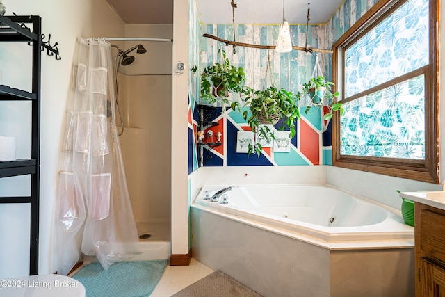 bathroom with vanity, separate shower and tub, and tile patterned floors