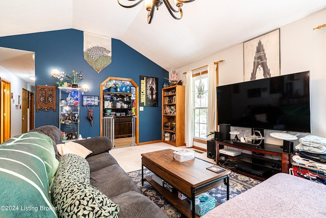 carpeted living room with lofted ceiling