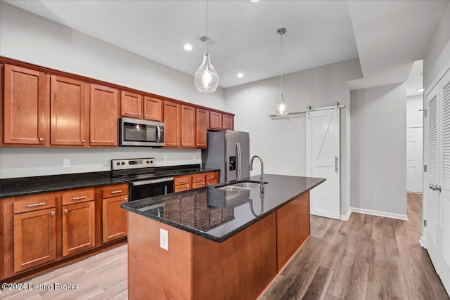 kitchen with a barn door, light hardwood / wood-style flooring, appliances with stainless steel finishes, and a kitchen island with sink