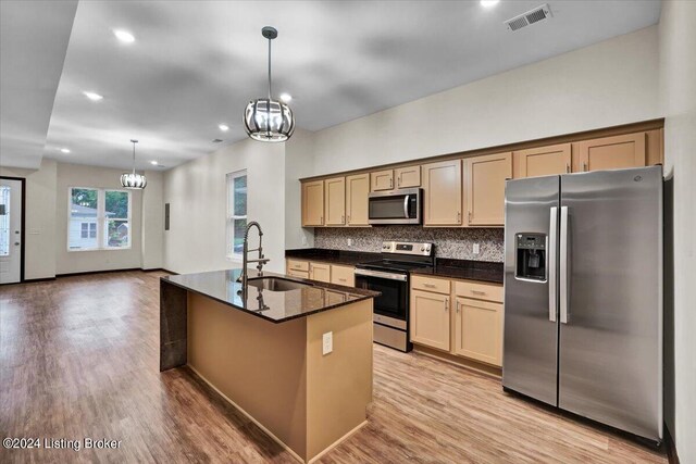 kitchen featuring backsplash, light wood-type flooring, stainless steel appliances, sink, and a kitchen island with sink