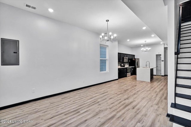 unfurnished living room featuring electric panel, an inviting chandelier, sink, and wood-type flooring