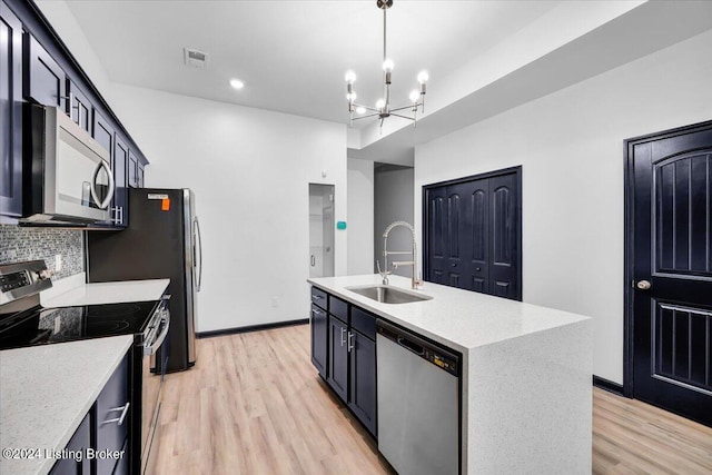 kitchen featuring light hardwood / wood-style flooring, an island with sink, stainless steel appliances, sink, and decorative backsplash