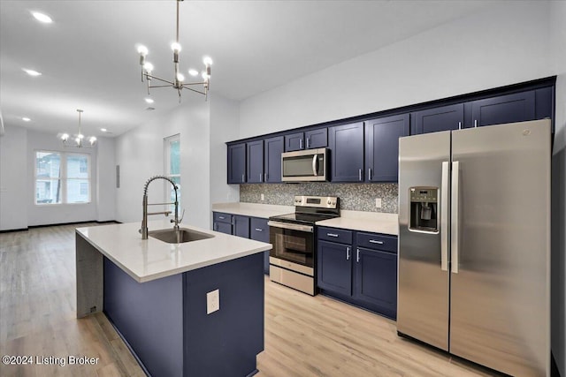 kitchen with an inviting chandelier, light hardwood / wood-style flooring, backsplash, appliances with stainless steel finishes, and sink