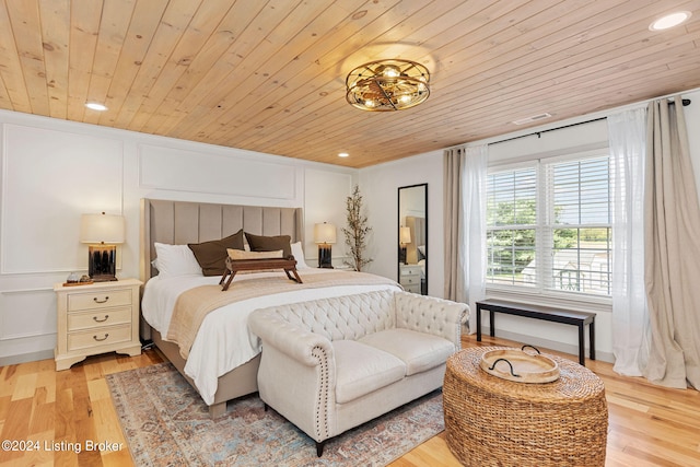 bedroom with light wood-type flooring and wood ceiling