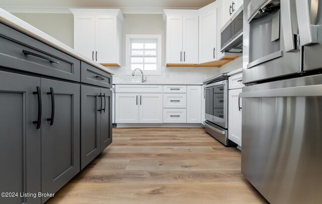 kitchen with light wood-type flooring, appliances with stainless steel finishes, backsplash, and white cabinetry