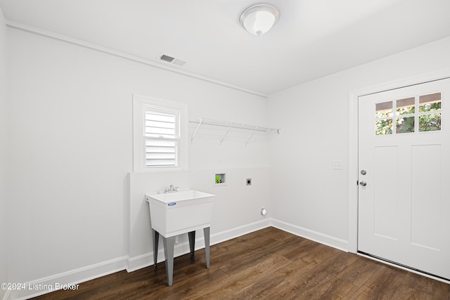 laundry area with washer hookup, electric dryer hookup, and dark hardwood / wood-style floors