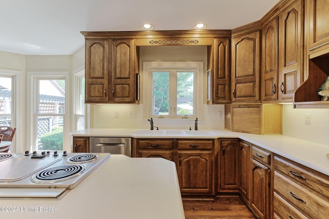 kitchen featuring white electric cooktop, a sink, stainless steel dishwasher, and plenty of natural light