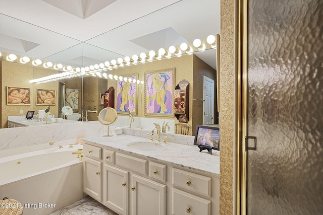 full bathroom with a bath, vanity, and a shower stall