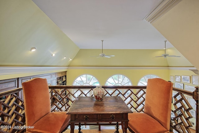 interior space with vaulted ceiling and ceiling fan