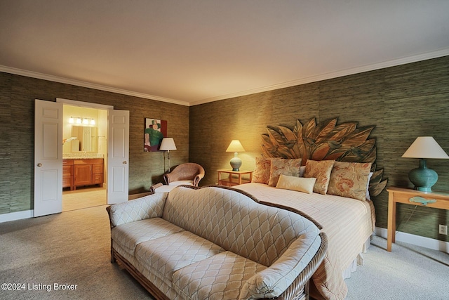 carpeted bedroom featuring baseboards, ensuite bath, wallpapered walls, and crown molding