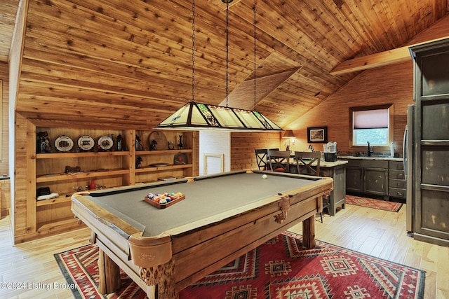 game room with lofted ceiling, wooden ceiling, pool table, light wood-style floors, and built in shelves