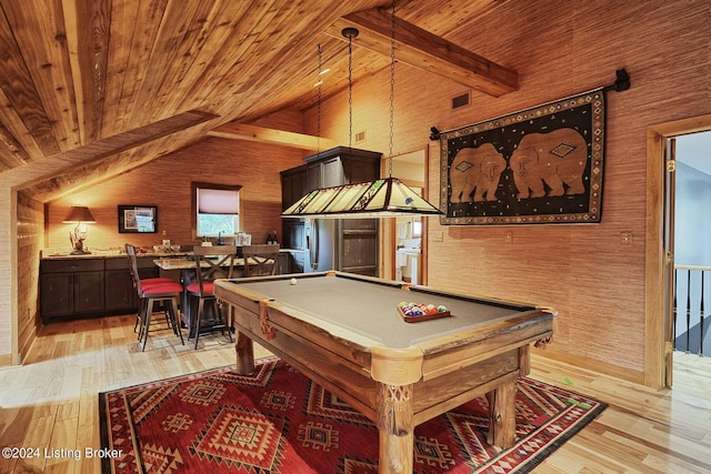 game room featuring wood ceiling, beam ceiling, light wood-type flooring, and billiards