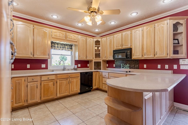 kitchen featuring ornamental molding, light tile patterned floors, black appliances, kitchen peninsula, and sink