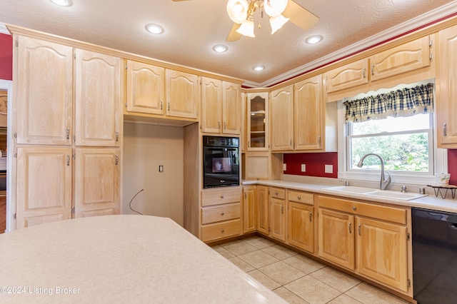 kitchen featuring light tile patterned floors, black appliances, sink, ceiling fan, and light brown cabinets