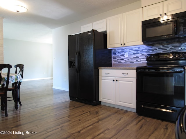 kitchen with black appliances, white cabinetry, tasteful backsplash, and dark hardwood / wood-style flooring