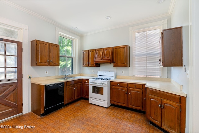 kitchen featuring white gas range, black dishwasher, crown molding, and sink