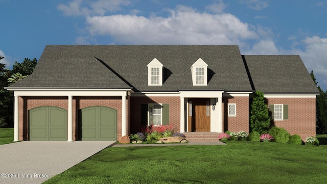 cape cod house featuring a garage and a front lawn