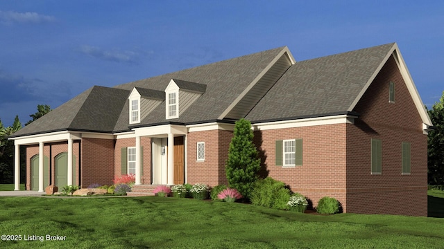 view of front of property with a garage and a front lawn