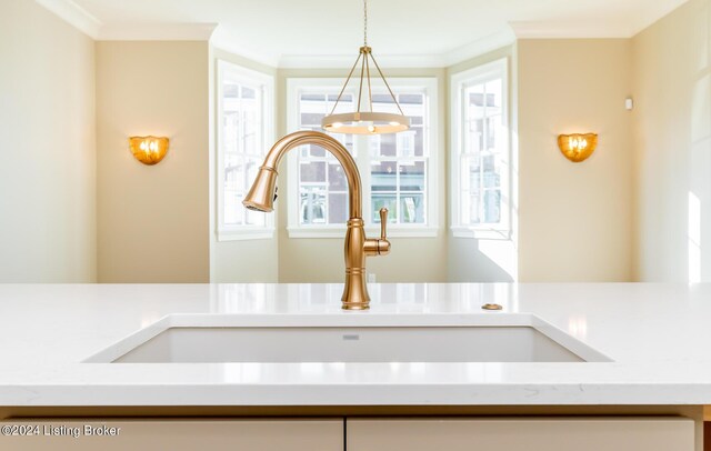 interior details featuring ornamental molding, light stone counters, and sink