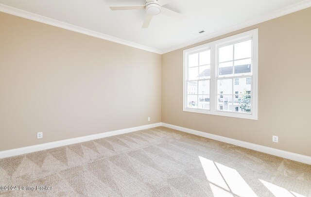 carpeted empty room with ceiling fan and ornamental molding