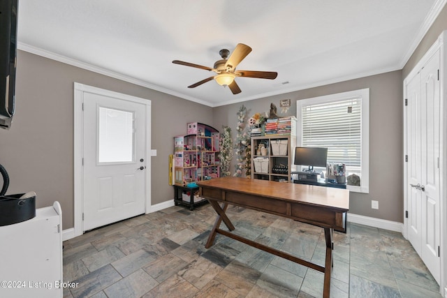 office area featuring stone finish floor, ceiling fan, baseboards, and ornamental molding