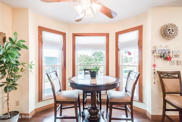 dining area featuring ceiling fan and hardwood / wood-style flooring