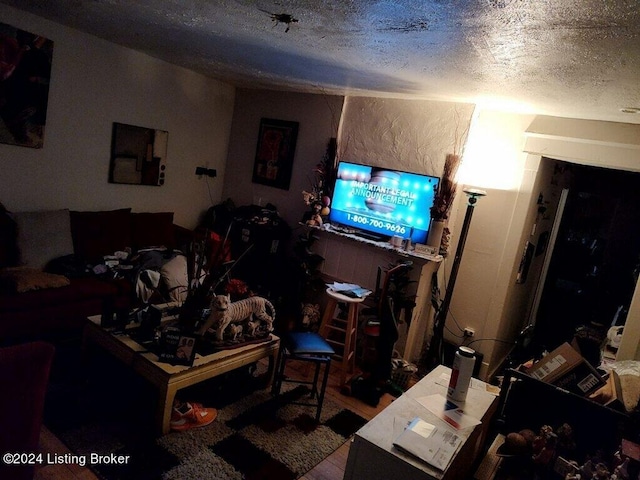 living room featuring a textured ceiling and hardwood / wood-style floors