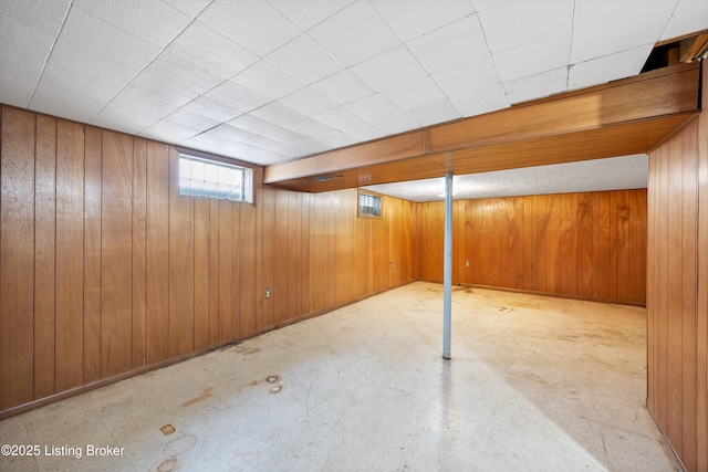 basement featuring wood walls