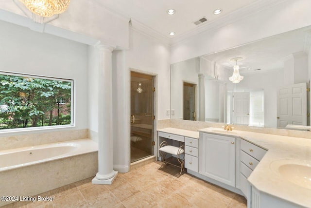 full bath with decorative columns, visible vents, crown molding, vanity, and a bath