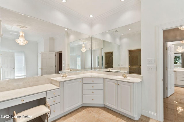 bathroom featuring recessed lighting, crown molding, and vanity