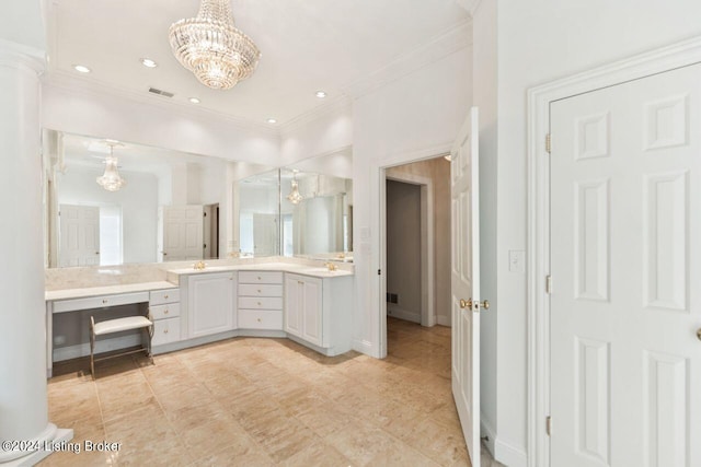 full bathroom featuring vanity, visible vents, a shower stall, an inviting chandelier, and crown molding