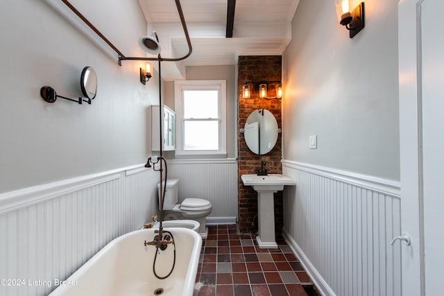 bathroom featuring toilet, a tub, tile patterned flooring, wood ceiling, and brick wall