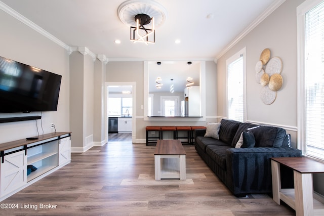 living room featuring crown molding, wood-type flooring, sink, and a notable chandelier