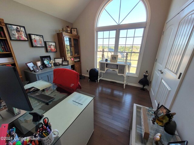 office space with vaulted ceiling and dark wood-type flooring