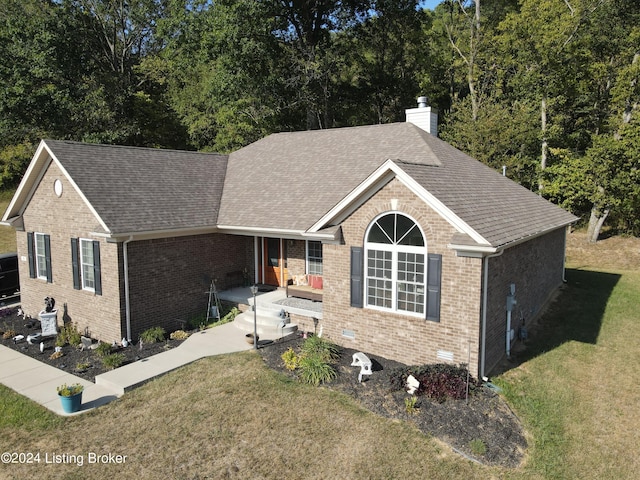 4 N Ridge View Dr, Carrollton, KY 41008 - ranch-style home featuring a porch, roof with shingles, a front lawn, brick siding, and a chimney