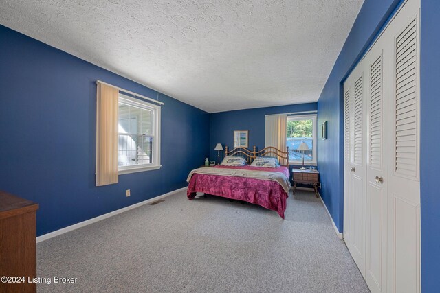 bedroom with multiple windows, carpet flooring, a closet, and a textured ceiling