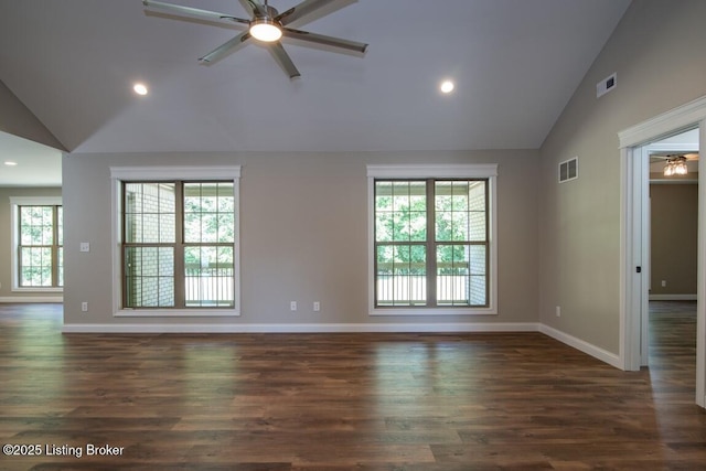 interior space with dark wood-type flooring, high vaulted ceiling, and ceiling fan