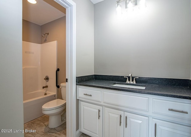 full bathroom with washtub / shower combination, vanity, and toilet