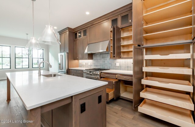 kitchen with backsplash, sink, dark hardwood / wood-style floors, a center island with sink, and premium appliances