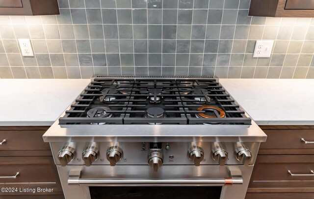 interior details featuring high end stove and backsplash