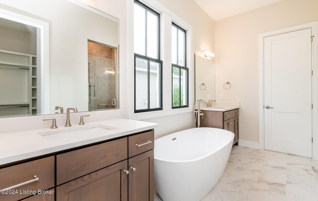 bathroom with vanity, plenty of natural light, and separate shower and tub