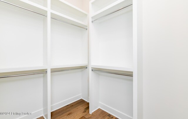 walk in closet with light hardwood / wood-style flooring