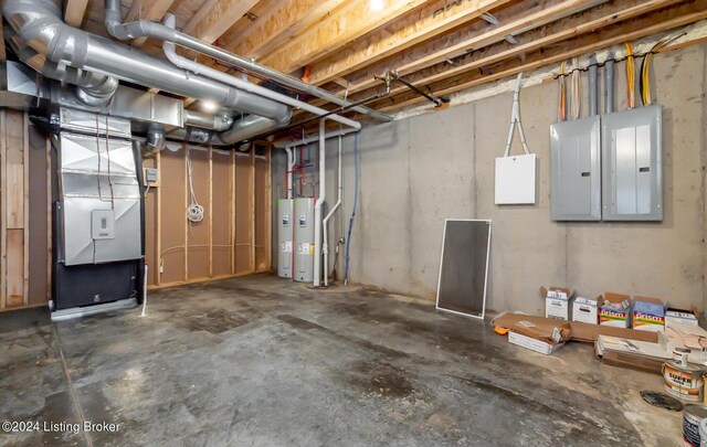 basement with heating unit, electric panel, and water heater