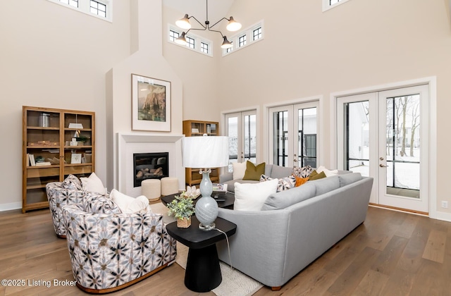 living room featuring wood-type flooring and french doors