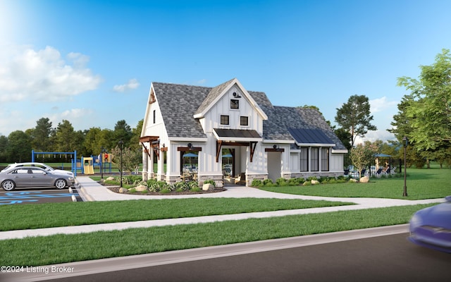 modern farmhouse style home with playground community, roof with shingles, a standing seam roof, a front lawn, and metal roof