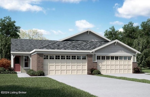 view of front of house with brick siding, driveway, a shingled roof, and a garage