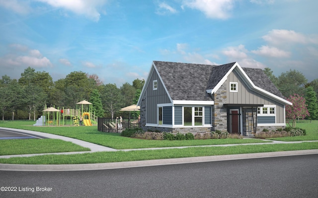 view of front of home featuring board and batten siding, a playground, a front yard, roof with shingles, and stone siding