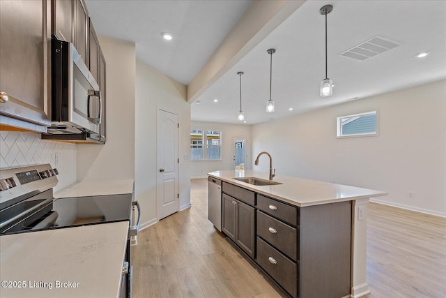 kitchen featuring visible vents, a sink, stainless steel appliances, dark brown cabinets, and backsplash