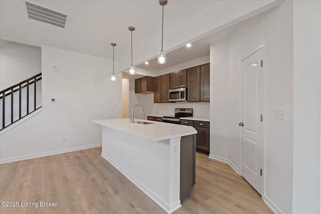 188 Harvest Moon Ct Unit 219B, Shepherdsville, KY 40165 - kitchen with stainless steel appliances, a sink, light wood-style floors, dark brown cabinetry, and tasteful backsplash